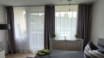 1 bedroom, desk, iron/ironing board, travel crib