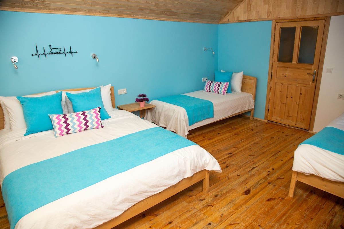 Ein Zimmer mit zwei Betten, Holzboden, einer Holztür und einer blauen Wand.