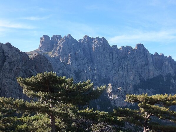 A mountainous landscape with rocky cliffs and pine trees in the foreground. - Very nice house with pool 300m from Palombaggia beach sea view private access (Porto-Vecchio)