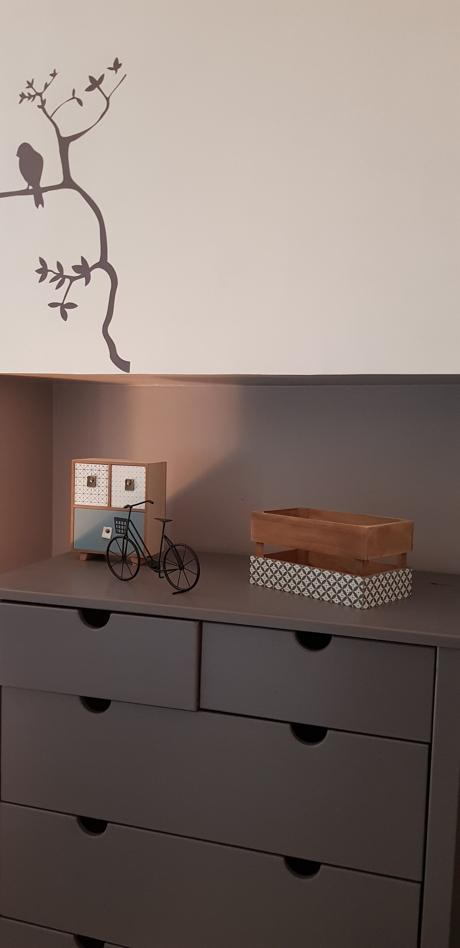 Une étagère ornée d’un autocollant mural représentant un arbre et un oiseau, ainsi qu’un petit vélo et une boîte en bois.