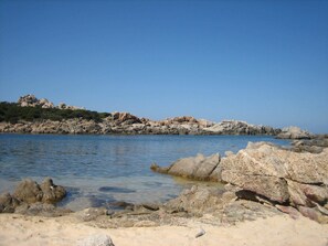 A rocky shoreline with clear water and distant hills.