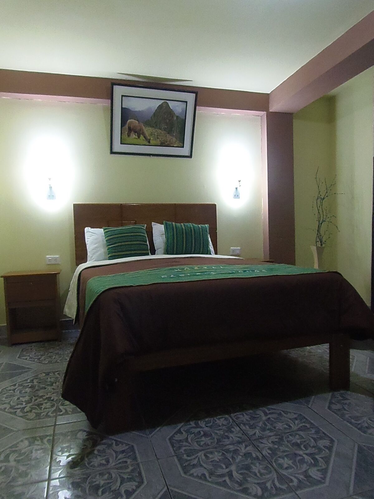 Un dormitorio con una cama, dos lámparas de noche, una mesita de noche, un cuadro enmarcado en la pared y baldosas de suelo con diseño.