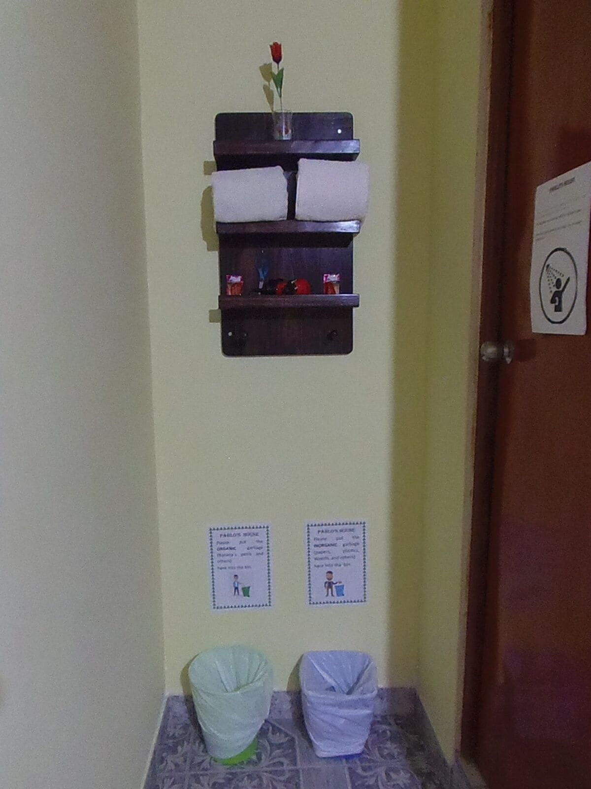 Un bagno con portasciugamani, due cestini e due manifesti informativi appesi al muro.