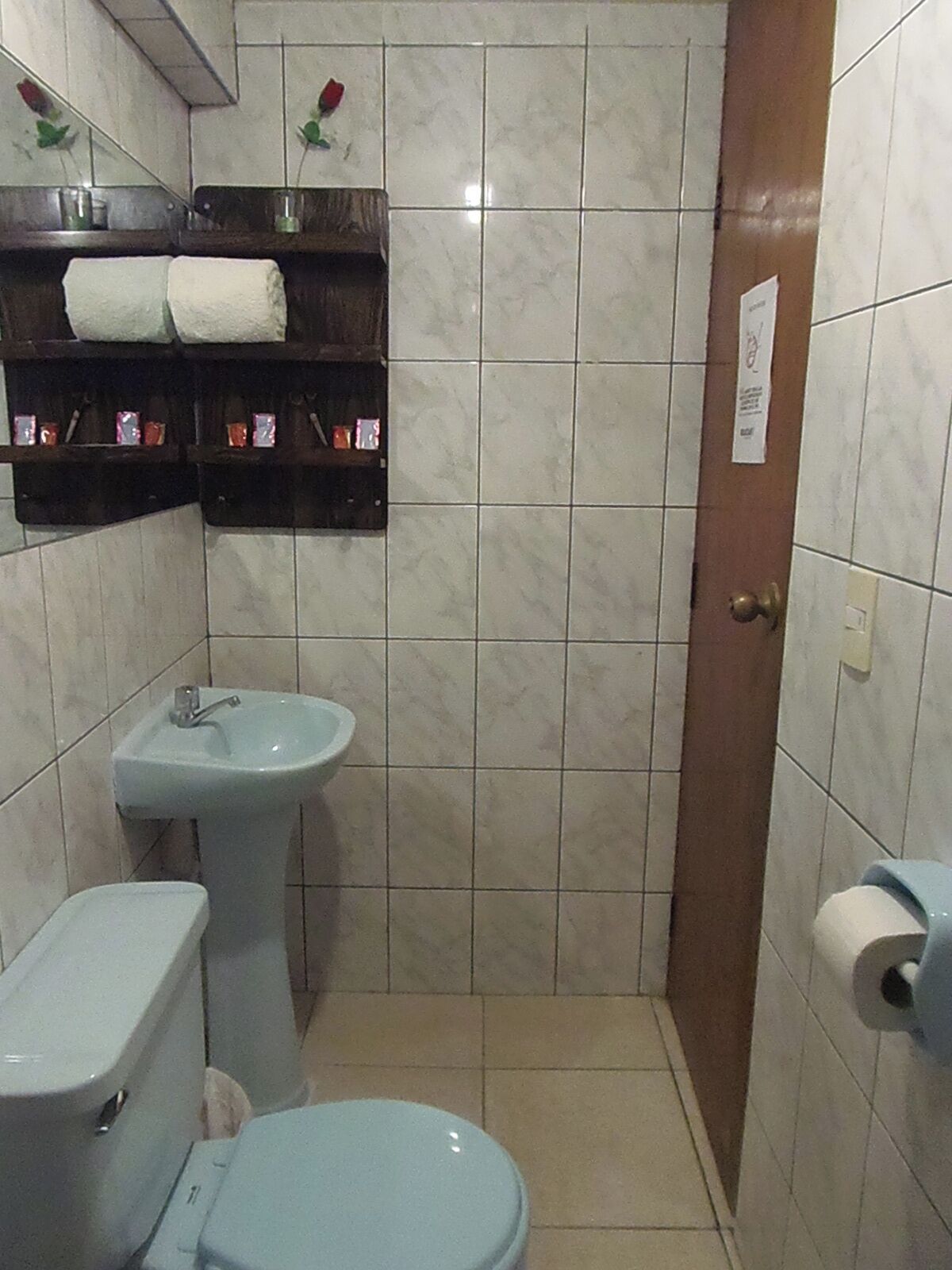 A small bathroom with a toilet, sink, and shelves with toiletries.