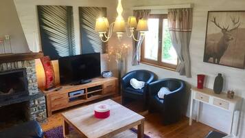 Télévision, cheminée, table de tennis de table