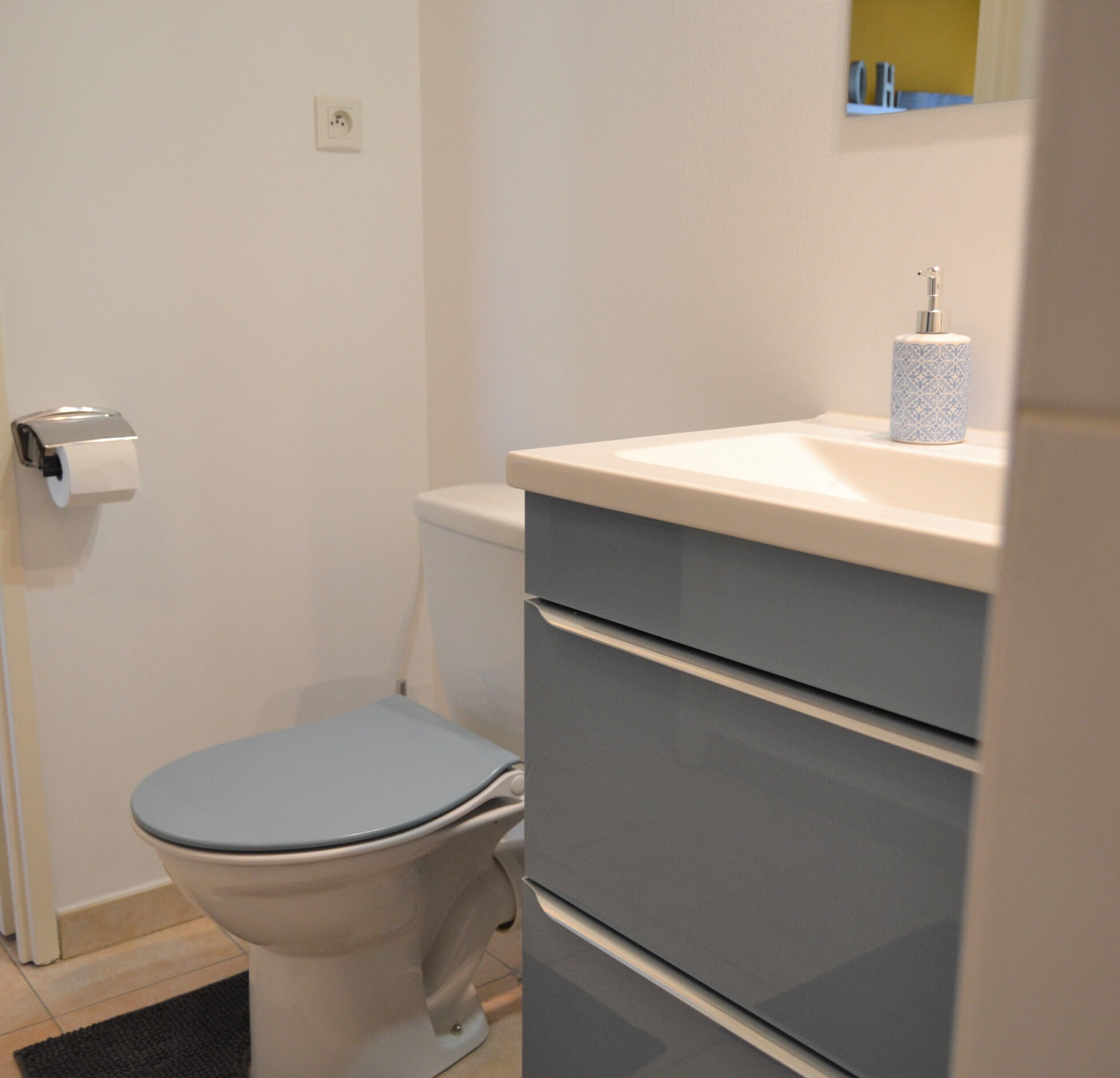 A bathroom with a toilet, a sink, and a mirror.