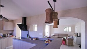 Een moderne keuken met een centraal eiland, een zithoek met een bank en een woonkamer met een open haard.