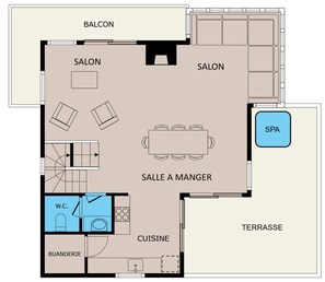 Planta de um hotel com varanda, duas salas de estar, um SPA, área de refeições, cozinha, casa de banho e arrecadação.