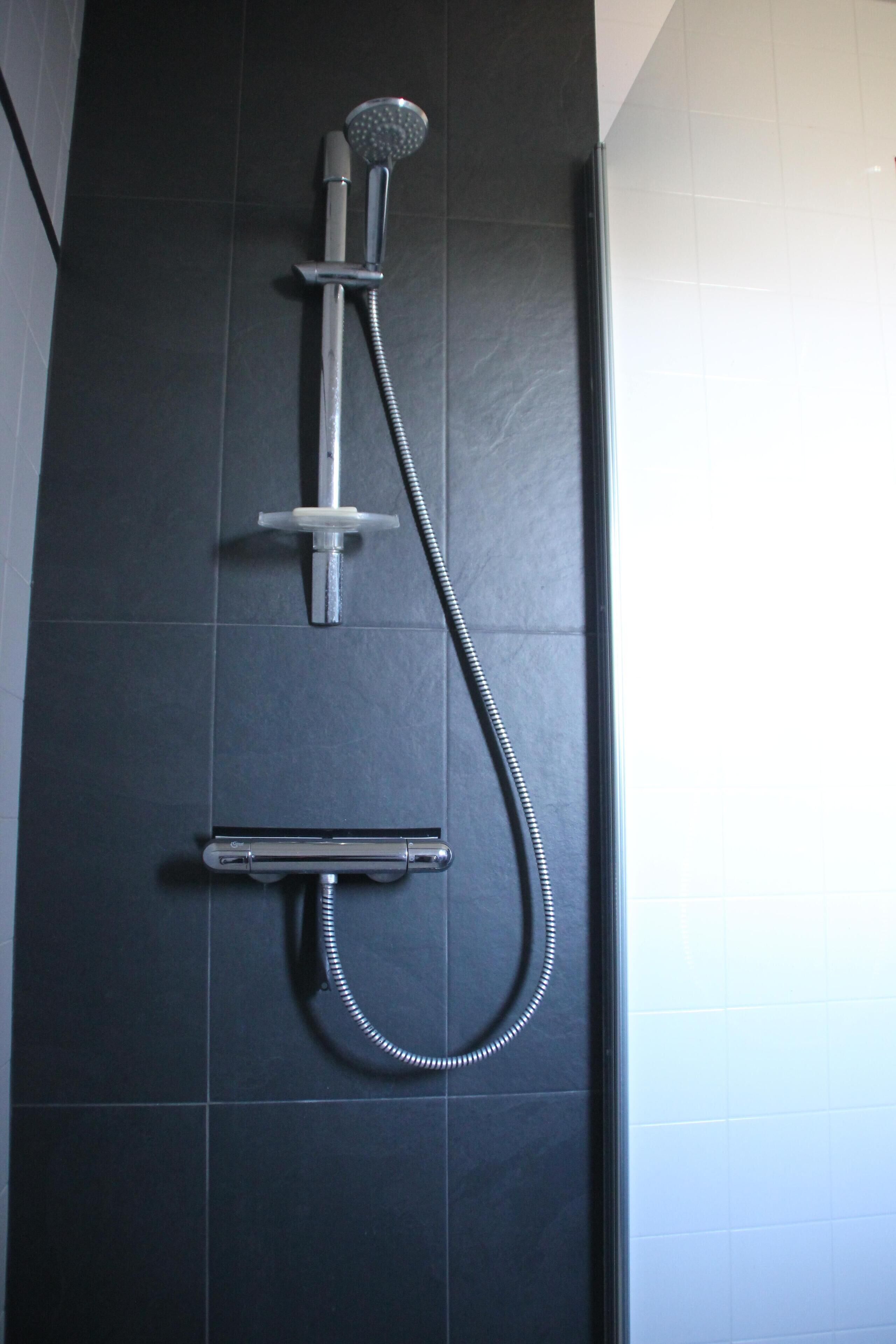 Une douche moderne dotée d’un pommeau de douche à main et d’un flexible à main.
