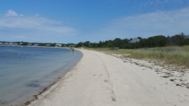 Uma praia arenosa com águas cristalinas, algumas pessoas e casas ao fundo.