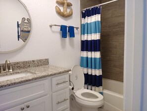 Combined shower/bathtub, hair dryer, towels, soap