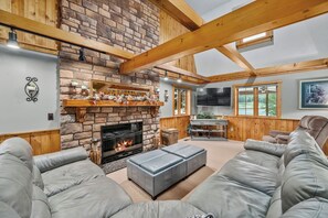 Smart TV, fireplace, books