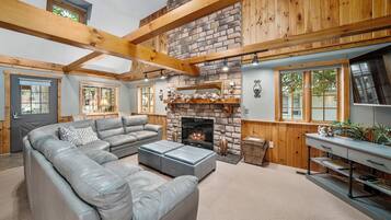 Smart TV, fireplace, books