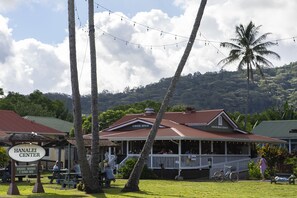 A coffee house with a porch and string lights, surrounded by palm trees and greenery.