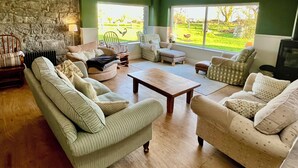 Una sala de estar con pared de piedra, paredes verdes, chimenea y un ventanal con vista a un jardín.