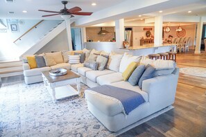 Smart TV, fireplace, table football, books