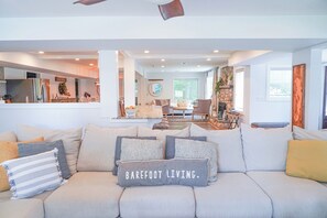 Smart TV, fireplace, table football, books