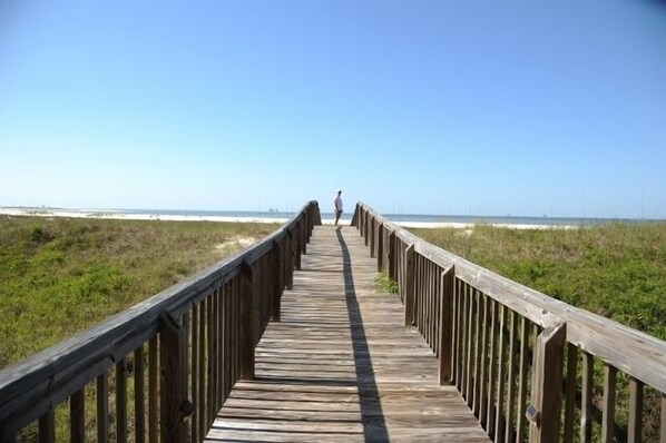 On the beach, sun-loungers, beach towels