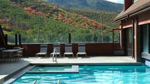 A swimming pool with a view of a forested hillside.