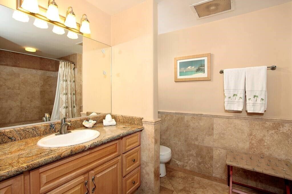 A bathroom with a sink, mirror, towel rack, and a framed picture on the wall.