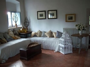 Smart TV, caminetto, lettore DVD, libri