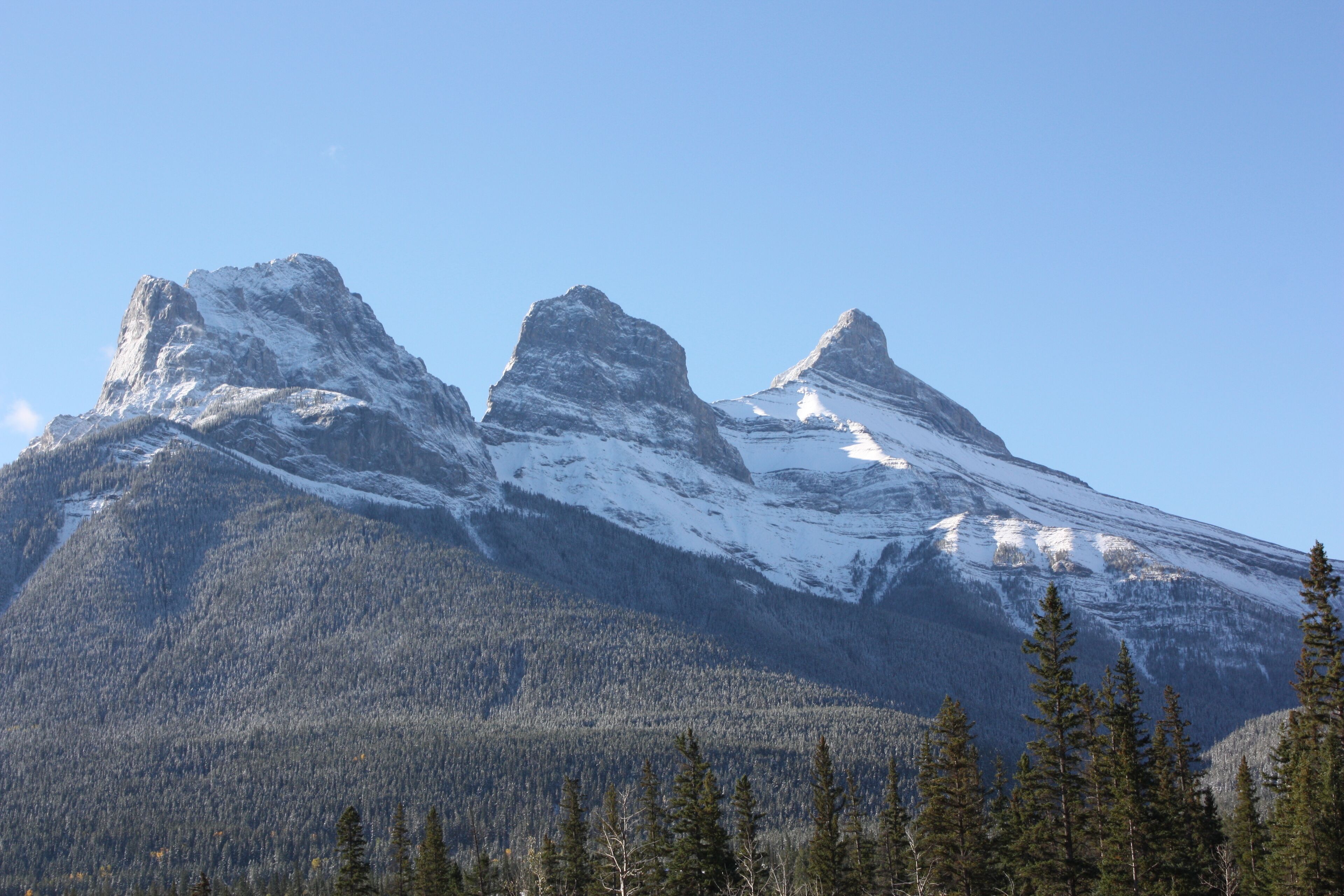 A mountain with snow-covered peaks and a forested foreground.