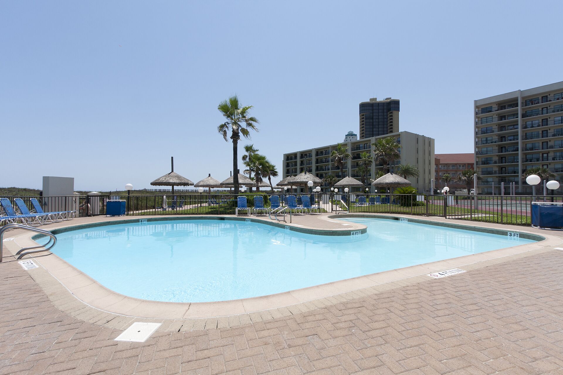 A swimming pool with lounge chairs and umbrellas, surrounded by palm trees and modern buildings.