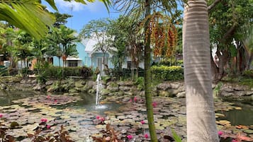 A serene garden with a pond, water lilies, and a fountain.