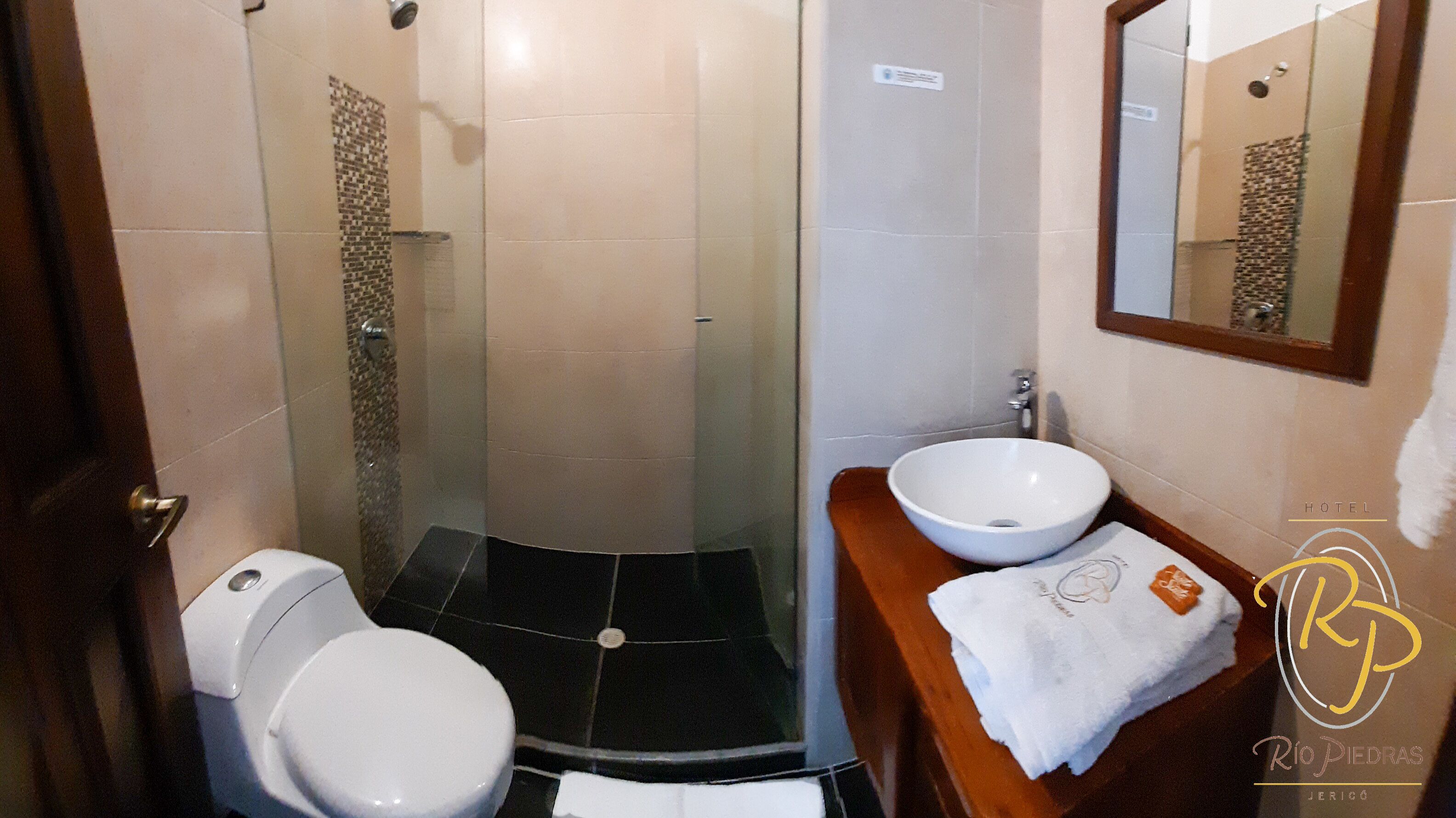 Une salle de bain avec des toilettes, un lavabo et une douche.
