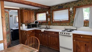 A compact kitchen with wooden cabinets, a microwave, a stove, and a sink. - Maple Lane Empire (Empire)