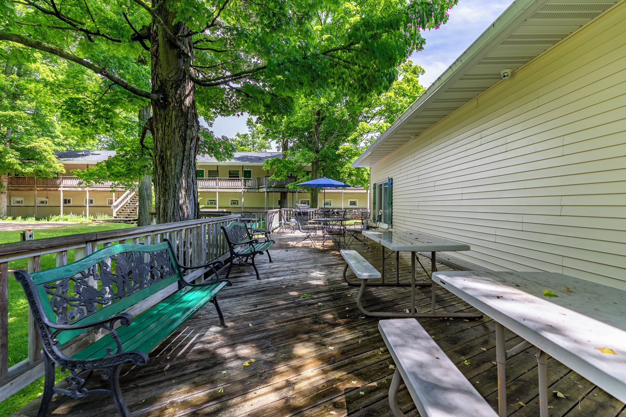 A wooden deck with outdoor furniture, including benches and tables, under a large tree.