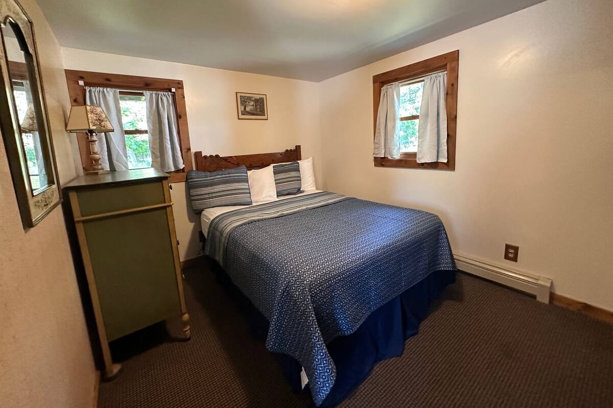 A bedroom with a bed, a dresser, a mirror, and two windows with curtains.