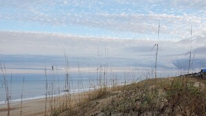 Une plage avec des dunes de sable et une végétation clairsemée.