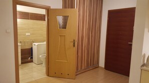 Hair dryer, towels, soap, toilet paper