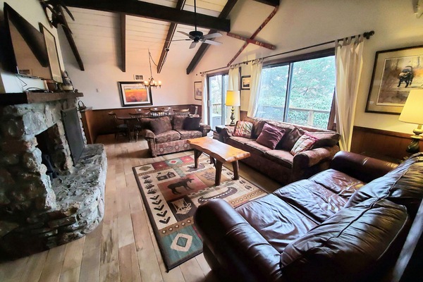 Smart-tv, eldstad, dvd-spelare och böcker