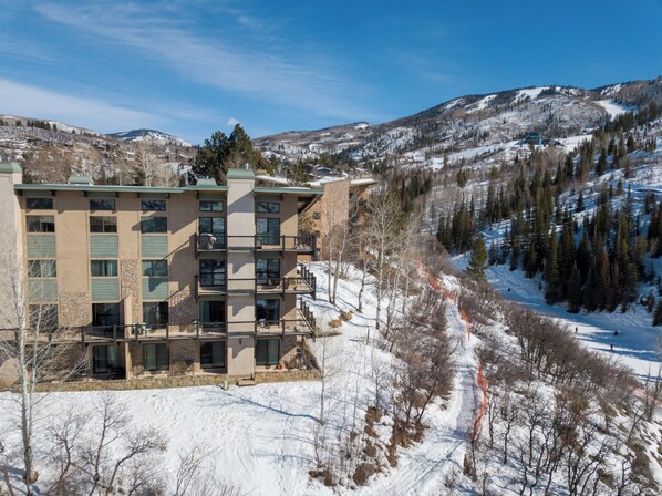 Un hotel de varios pisos con fachada de piedra y ventanas amplias, con una imponente montaña nevada de fondo.