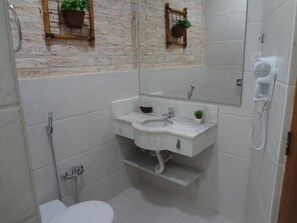 Combined shower/bathtub, hair dryer, soap, toilet paper