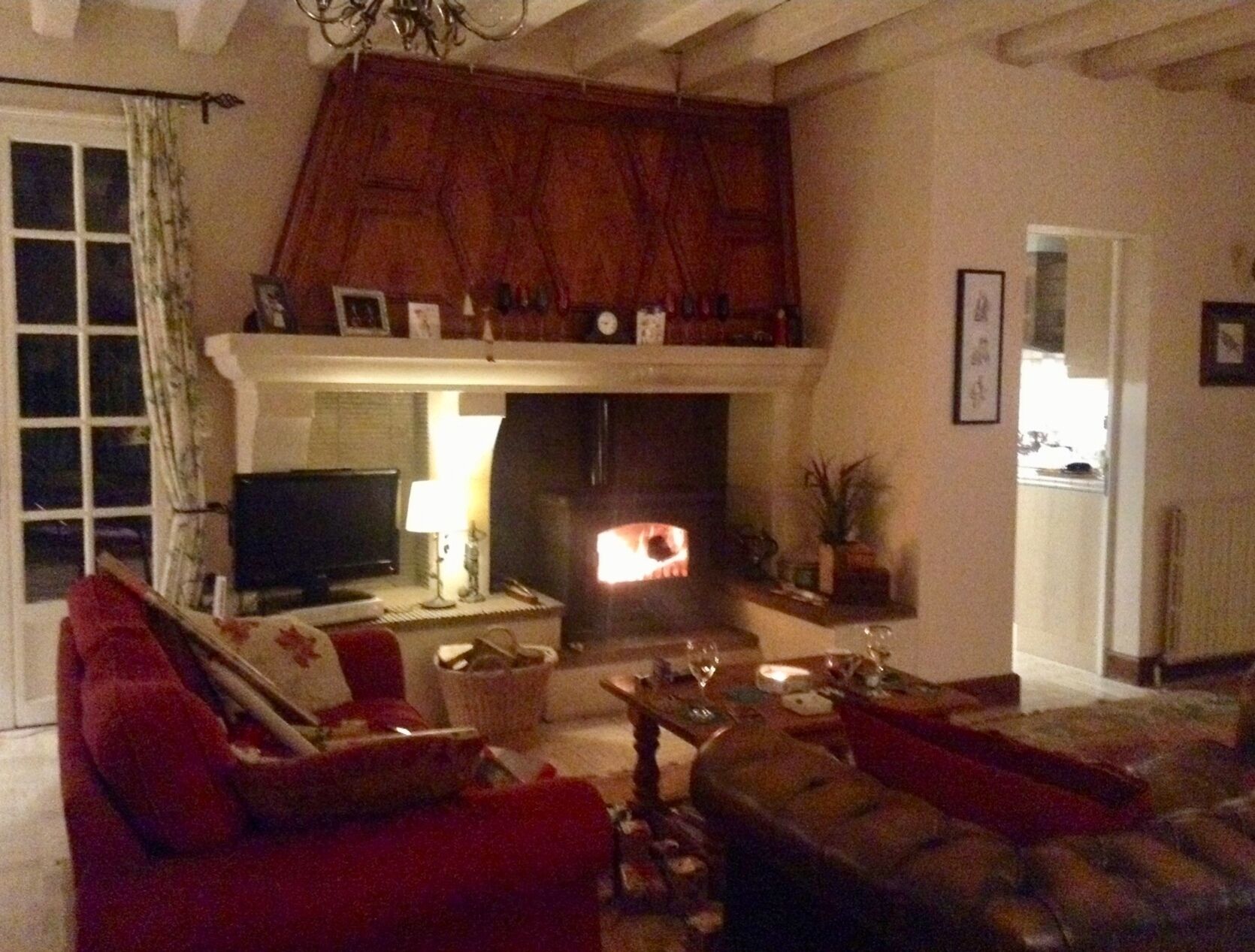 Televisio, takka, DVD-soitin, videokirjasto