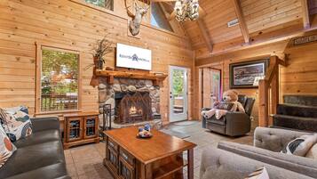 TV, fireplace, DVD player, foosball