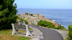A bench on a curved path by the sea with rocky outcrops and greenery.