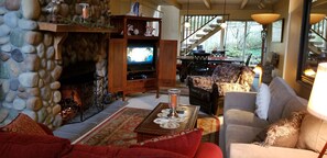 Televisión, chimenea y estéreo 