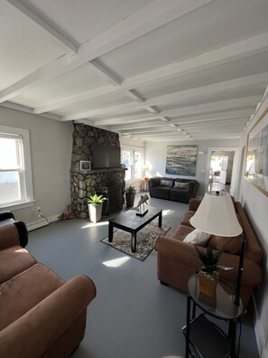 Smart TV, fireplace, DVD player, books