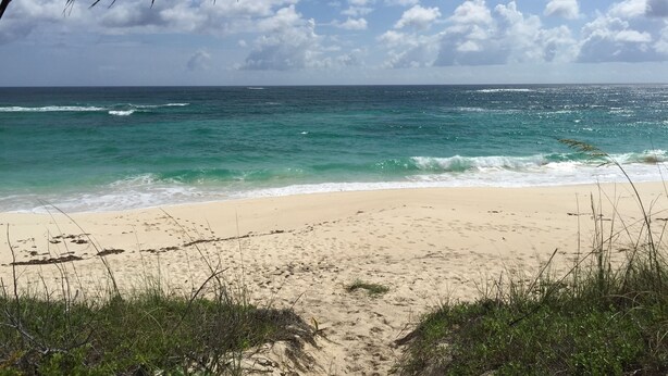 Une plage à l’eau turquoise et limpide, bordée d’un rivage sablonneux.