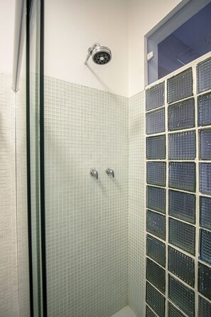 Combined shower/bathtub, hair dryer, towels, soap