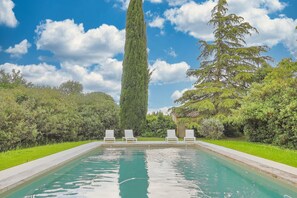 Une piscine rectangulaire à l’eau d’un bleu limpide, entourée d’une végétation luxuriante et, au fond, d’un arbre grand et élancé.