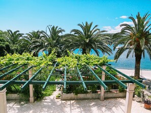 Relax under a lush, vine-covered pergola surrounded by serene coastal views.