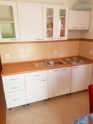 Fridge, microwave, toaster, cookware/dishes/utensils