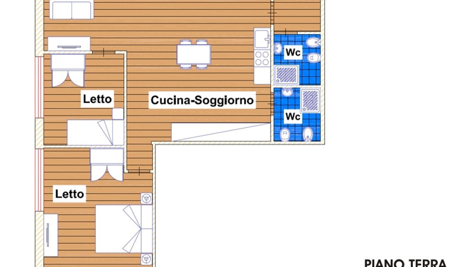 A floor plan of a hotel with two bedrooms labeled 'Letto', a kitchenette labeled 'Cucina-Soggiorno', and two bathrooms labeled 'WC'.
