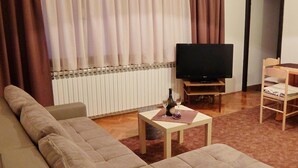 Ein Wohnzimmer mit einer Couch, einem Fernseher, einem kleinen Tisch mit einer Flasche und Gläsern sowie einem Sessel.