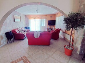 Télévision, cheminée, lecteur de DVD